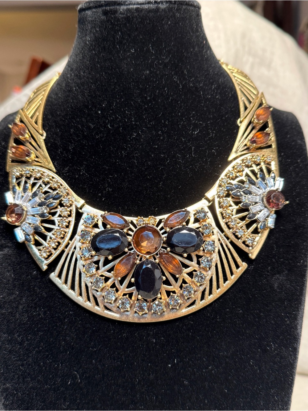 RJ Graziano Gold/Brass Tone Necklace with Amber, clear and Black Rhinetones
